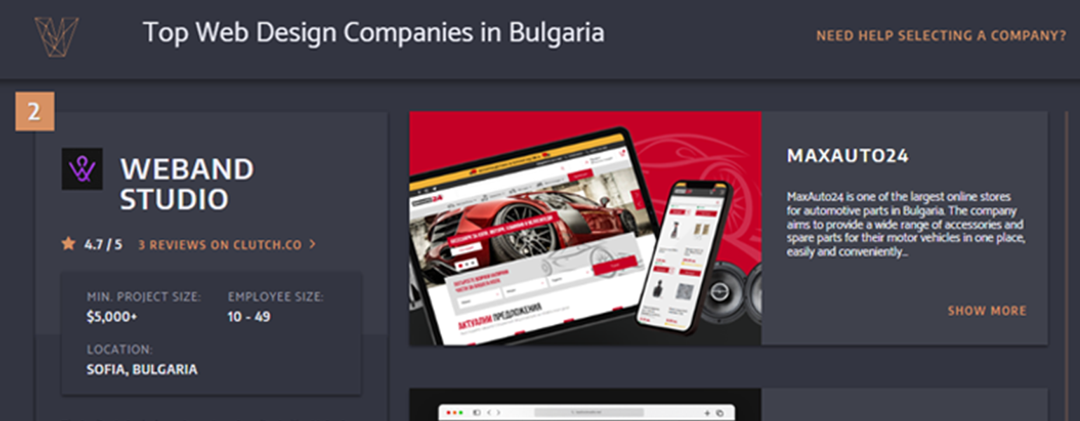 Clutch Awards Weband Studio as 2022’s Top Web Designers for Bulgaria image